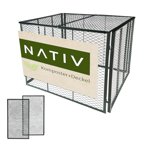 NATIV Garten Komposter grün 100x100x80 cm mit Deckel, Metallkomposter mit 800 Liter Volumen, Drahtkomposter für eigenen Kompost, Metall Komposter als Kompostsieb nutzbar