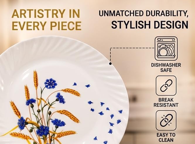 Image of Melamine Dinner Set 18 Pieces, White with Blue & Yellow Floral Design, 6 Full Plates 6 Half Plates 6 Bowls, Lightweight Tableware Set for Home & Dining, Pack of 1