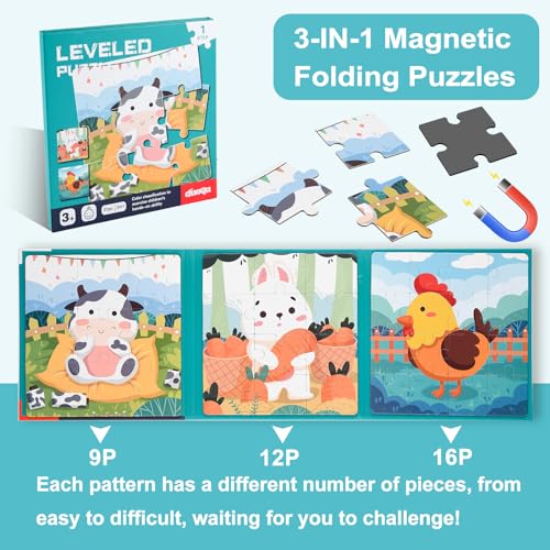 Image of ASTARON Magnetic Puzzles 37 Pieces Farm Kids Educational Travel Toys | Folding puzzle book, each book contains 3 scenes, 3 difficulty levels, advanced puzzle book, easy to store, educational toy