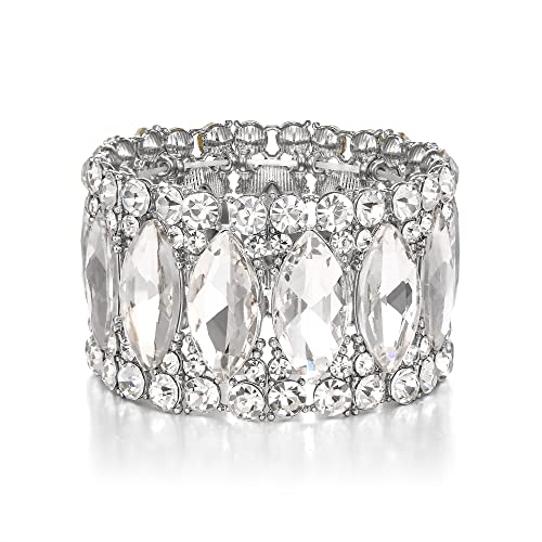 BriLove Wedding Bridal Elegant Crystal Double Row Rhinestones Marquise Cluster Stretch Bangle Bracelet for Bride