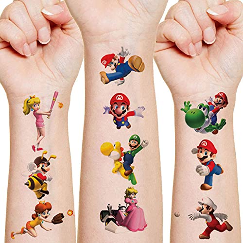 8 Sheets Cute Cartoon Temporary Tattoos for Kids, Super Bros Video Games Birthday Party Decorations Anime Party Favors Party Supplies Waterproof Art Craft Fake Stickers Gifts Water Bottle for Girl Boy