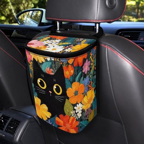 Image of Talayituse Black Cat Daisy Flower Print Car Trash Can Portable Auto Garbage Bin Multifunctional Vehicle Interior Accessories with Adjustable Straps Universal Fit Truck SUV Sedan