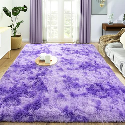 Super Fluffy Rug for Bedroom, 4x6 Shag Fuzzy Area Rug for Living Room Bedroom, Plush Soft Carpet for Girls Boys Kids, Non Slip Throw Rugs for Dorm, Modern Home Decor Aesthetic, Tie-Dyed Purple