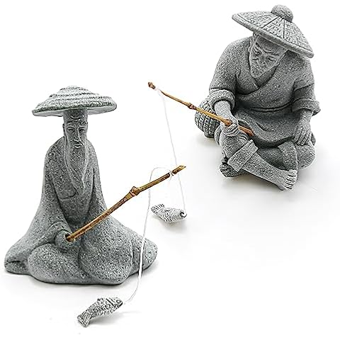 DUZFOREI 2PCS Sitting Fishing Figurines Sandstone Vintage Ornament Japanese Decor for Fish Tank Pot Garden Home Aquarium Mini Fisherman Statue Asian Zen Decoration Cover