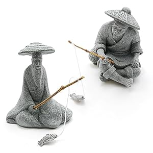 2PCS Sitting Fishing Figurines Sandstone Vintage Ornament Japanese Decor for Fish Tank Pot Garden Home Aquarium Mini Fisherman Statue Asian Zen Decoration