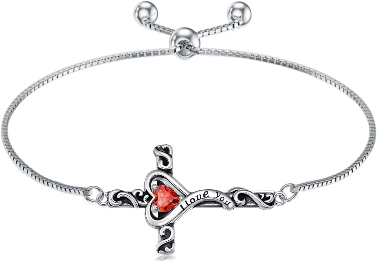 TOUPOP Birthstone Cross Bracelet for Women 925 Sterling Silver Cross Heart Bracelet I Love You Jewelry Birthday Mothers Day Gifts for Mom Wife Her