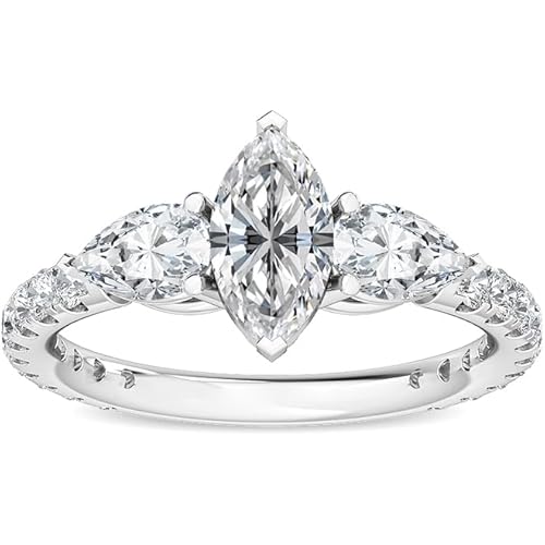 Houston Diamond District 1 to 5 Carat Marquise Round Pear Cut LAB GROWN Diamond Three Stone Engagement Ring (Color E-F Clarity VS2-SI1)