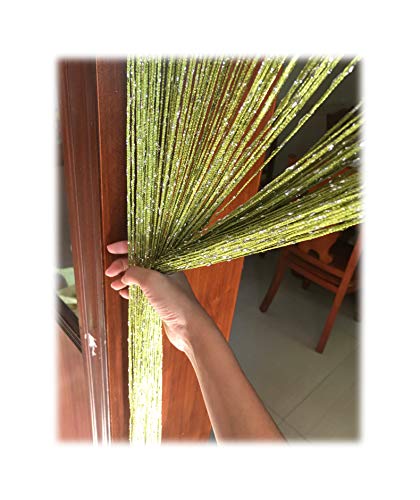 Eyotool 1x2 M Door String Curtain Rare Flat Silver Ribbon Thread Fringe Window Panel Room Divider Cute Strip Tassel for Wedding Coffee House Restaurant Parts,Tea-Green
