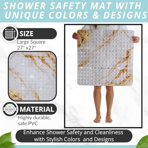 Image of ENKOSI Square Shower Mat 27x27 inch - Anti Slip Shower Stall Floor Mat - Non Slip Shower Mats with Strong Secure Suction Cups and Drain Holes in Middle (27x27 Marble White Gold)