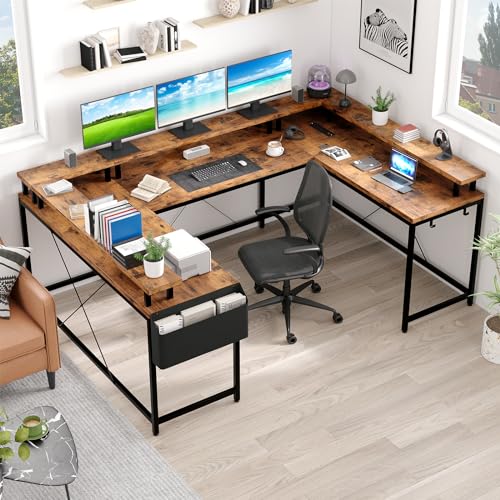 GarveeHome U Shaped Desk with Power Outlets & LED Lights, 79 in Reversible L Shaped Desk, Corner