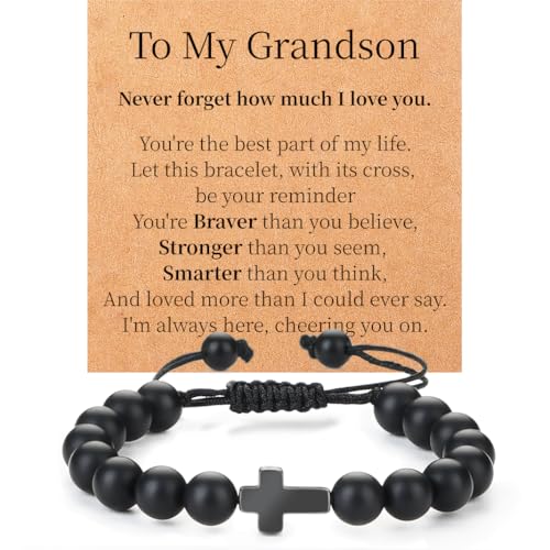Image of Lamyba Easter Gifts for Kids /Teens /Girls, Christian Natural Stone Beaded Bracelets, Easter Basket Stuffers Essentials, Adjustable Cross Bracelets, Blue /Black