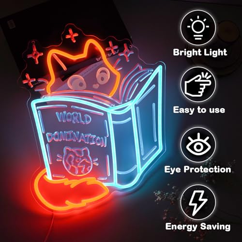 Image of Books and Cat Neon Sign, Fox Reading Sign 3D Carving Led Light, Funny Cat Read Book Decoration, Library Wall Art, Book Store Decor, Gift For Kid, 14.6 inchx13 inch