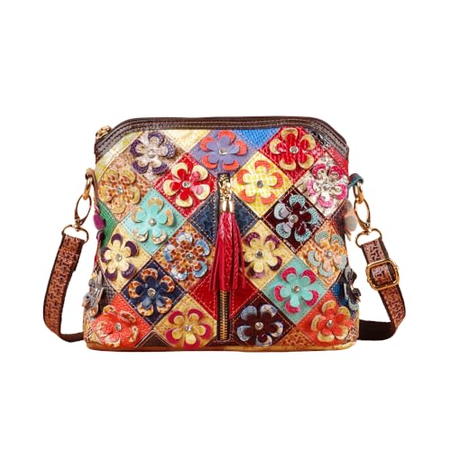 Image of Women 3D Floral Multicolor Small Crossbody Bag Genuine Leather Handbag Snake Pattern Colorful Spliced Shoulder Purse
