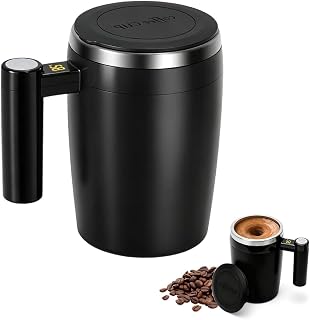 Electric Self Stirring Cup with Temperature Display - 304 Stainless Steel Magnetic Stirring Technology, 400ml Cup with Handle for Coffee, Hot Chocolate Milk, Automatic Self Pan (Black)