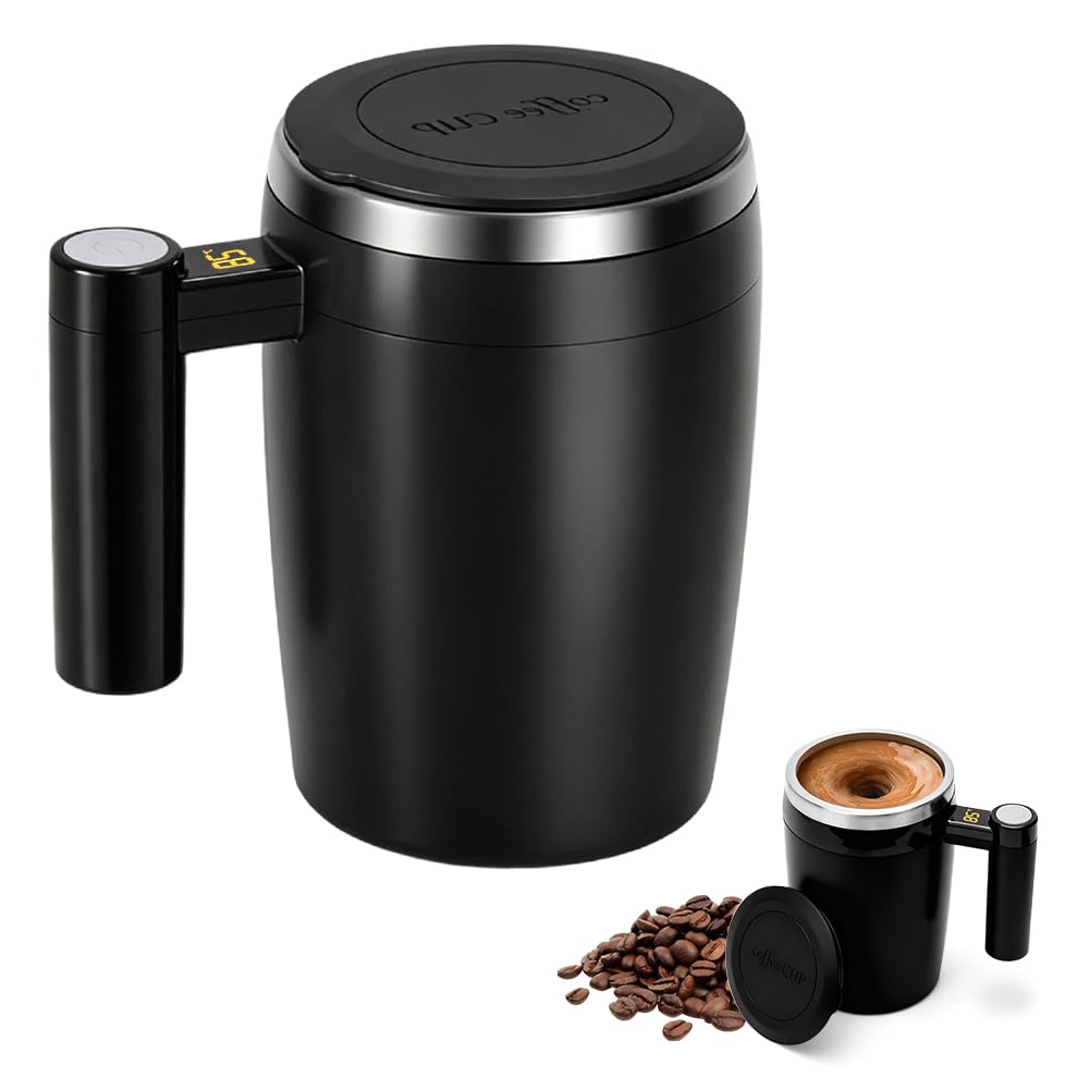 Elektrischer Selbstrührender Becher mit Temperaturanzeige – 304 Edelstahl Magnet Rührtechnik, 400 ml Tasse mit Henkel für Kaffee, Heiße Schokolade Milch, Automatischer Self Stirrer (Schwarz)