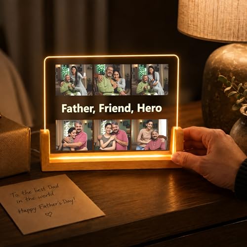 Image of Giftplease Customized Acrylic Photo Frame with LED Light & Wooden Base | Personalized 6-Photo Collage Lamp for Father | Father's Day, Birthday Gift for Papa, Dad, Husband | Warm Glow