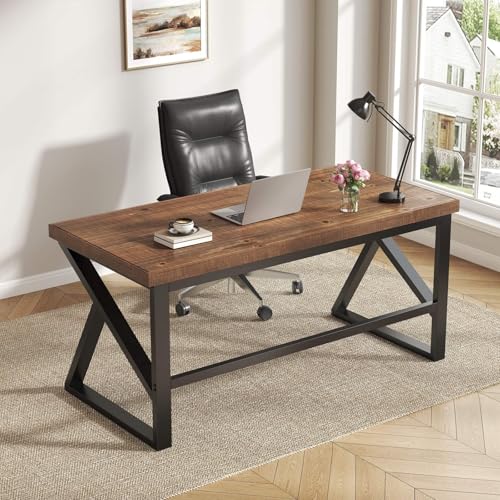 IBF Solid Real Wood Desk, Minimalist 47” Natural Wood Computer Desk, Rustic Desk for Home Office Writing Study, Vintage Industrial Wooden PC Gaming Workstation Computer Table, Brown, 47 Inch