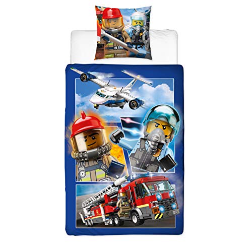 Lego City - Juego de ropa de cama infantil (2 piezas, funda de almohada de 80 x 80 cm y funda nórdica de 135 x 200 cm, 100% algodón), diseño de policía y bomberos