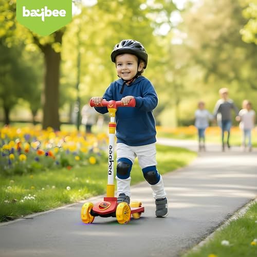 Image of Baybee Kitty Kick Scooter for Kids | Foldable Kid Scooter with 4 Height Adjustable Handle & Brake | Skate Scooters with LED PU Wheels | Runner Scooters for Kids 3 to 10 Years Boys Girls (Pink /Yellow)