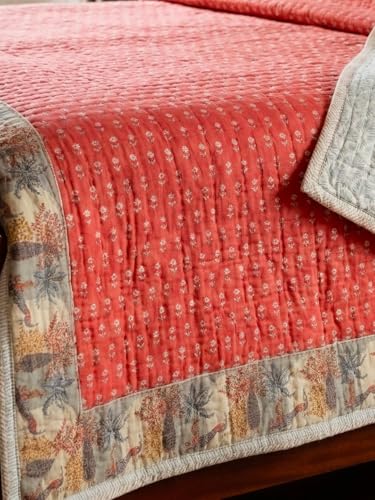 Image of Mayur Hand Block Print Cotton Single Bed Quilt (90x60 Inches) | Jaipuri Razai for AC Room | 400 GSM Lightweight Comforter for Mild Winter | 100% Cotton Duvet | Soft Reversible Dohar Blanket