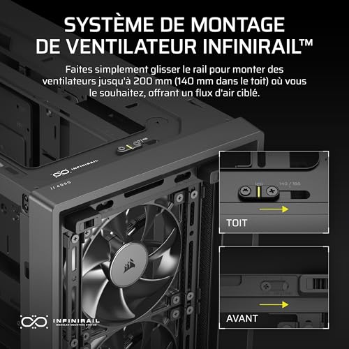 CORSAIR Frame 4000D RS Boîtier Modulaire PC De Taille Moyenne – 3X Ventilateurs RS, Système De Supports Infinirail, Convient Plusieurs Radiateurs 360mm, Compatible avec Cartes Mères Inversée – Noir