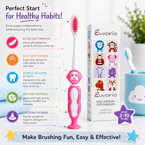 Image of Toothbrush for Kids with Ultra Soft Bristles for Oral Cleaning, Suitable For 2-12 Years Toddlers, Monkey Design, Pink, Pack of 1