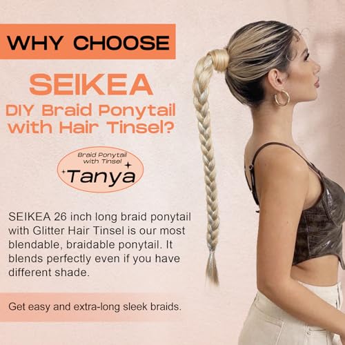 Seikea SK-2P-26LSBZ258-HD14/88H Braid Ponytail Extension With Glitter Hair Tinsel, 2Pcs 26 Inch Long Straight Diy Braid Hair Extension With Hair Tie, Wrap Around Hair Extensions Ponytail Hairpiece Blonde Pale Gold Highlights thumb #3