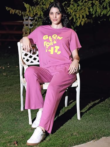 Image of ZEYO Night Suit for Women's Typography Printed Cotton Night Dress of Top and Wide Bottom Pyjama
