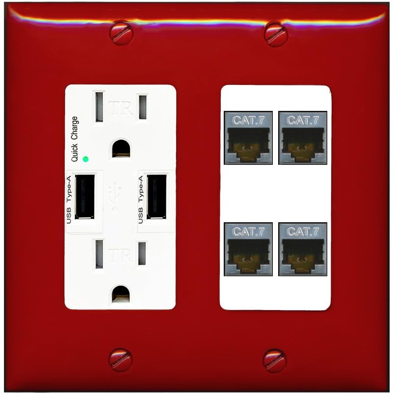 RiteAV 4 Port Cat7 Shielded Ethernet Wall Plate - USB Outlet [Black/Black]