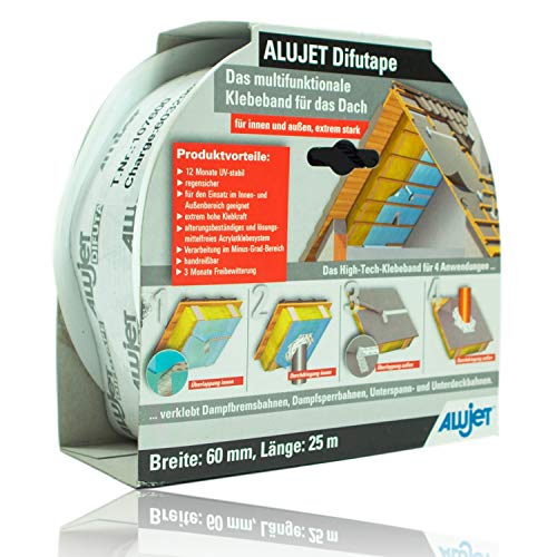 Preisvergleich Produktbild ALUJET - Hochleistungsklebeband"Difutape" 60 mm x 25 Meter für Dampfbremsbahnen, Dampfsperrbahnen, Unterspannbahnen und Unterdeckbahnen - Dampfsperre Klebeband für Überlappungen und Anschlüsse