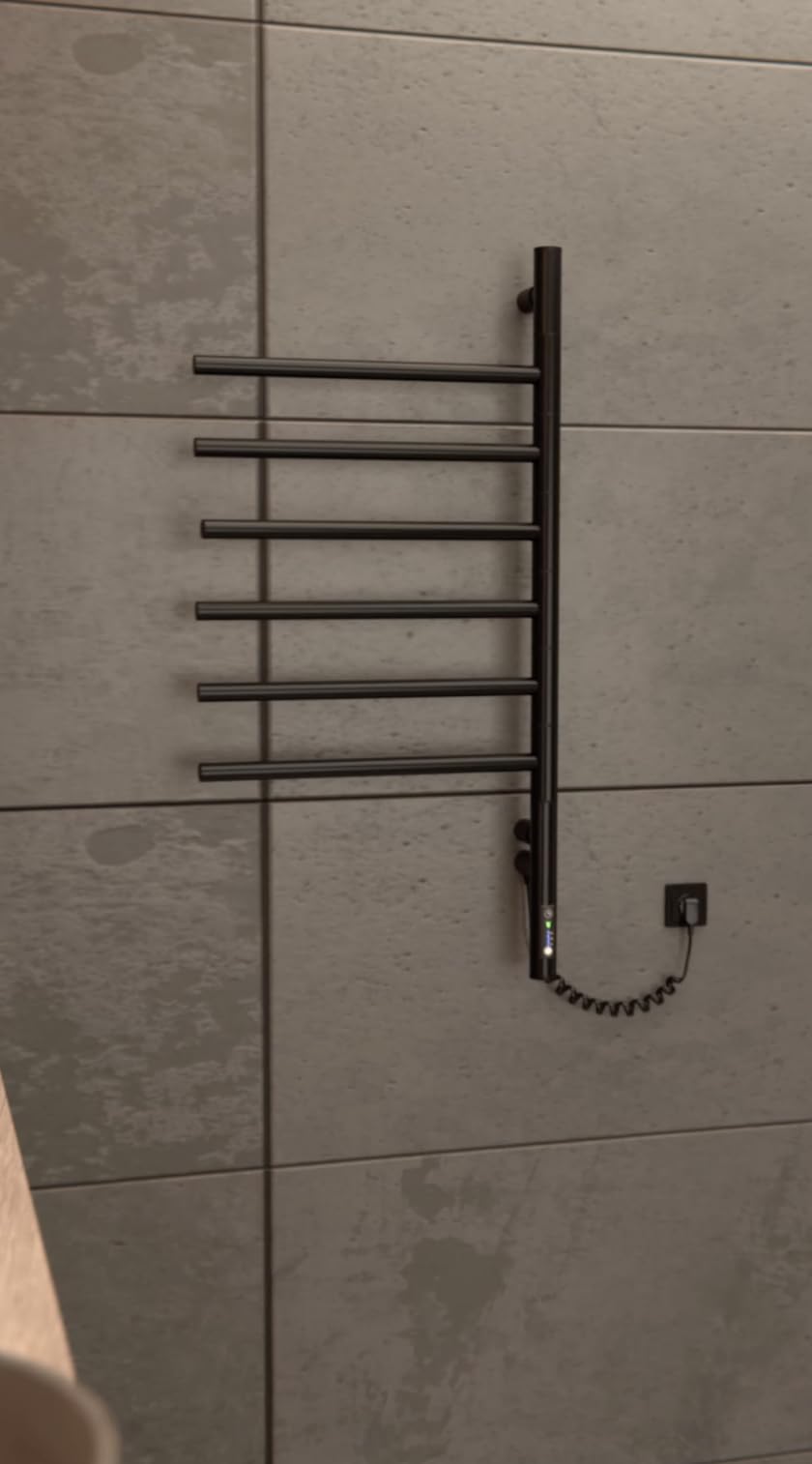 Czarny grzejnik do ręczników 79x40 cm – Elektryczny 78W – 6 obrotowych ramion – Termostat + Timer – IP44 – Stylowy i oszczędny