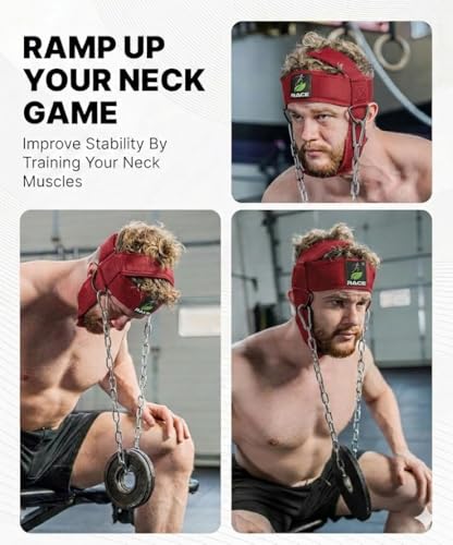 Image of RACE Neck and Head Strengthening Equipment Weight Harness Thick Padded Adjustable Strap with Heavy Duty Steel Chain & Rings for Gym Crossfit Fitness Training Injury Rehab (Red)