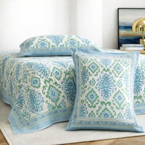 Image of elanorhomes Cotton Double King Size Bedsheet | Hand Printed | Ultra-Soft & Skin-Safe | Breathable Summer Comfort | 90x108 inches with 2 Pillow Covers (Rajputana Ikkat)