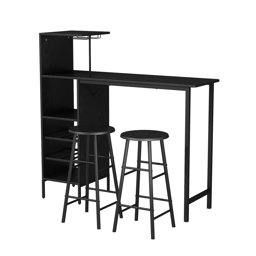 Vicco Juego de Mesa de Bar Naila, Negro, 121.5 x 40 cm con 2 taburetes, Apto como Comedor con Superficies de Almacenamiento para Guardar Objetos