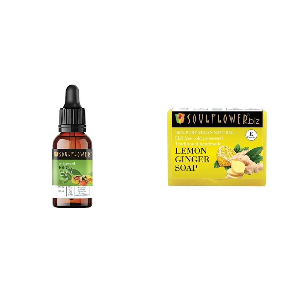 Soulflower Jojoba Oil for Hair Growth, Moisturizing Skin & Makeup Primer with Jojoba Seeds| 100% Pure, Organic, Natural & Cold-Presse, Ecocert Cosmos Organic Certified, 30ml Lemon Ginger Soap