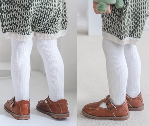 Image of EPEIUS Baby Girl Tights Cable Knit Cotton Seamless Footed Leggings 0-6Y | STAY-UP BABY TIGHTS. High elastic waist, smooth toe. Fits 0-3m newborn, infant & toddler. Ideal for daily wear & dresses.
