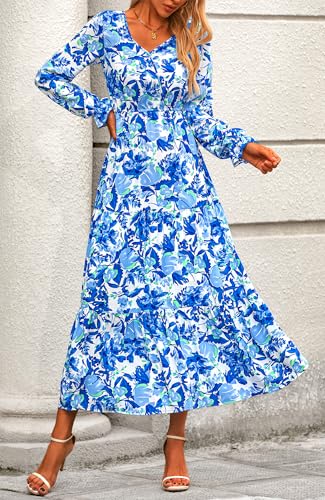 BTFBM Women Fall Dresses 2025 Casual Long Sleeve V Neck Maxi Dresses Floral Boho Long Dress Wedding Guest Dress