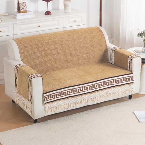 Image of HOKIPO 'Imperial Tassel Series' Premium Chenille Jacquard Sofa Cover Set for 2 Seater for Seat, Back & Arms with Tassels, Caramel Brown (IN-1010 + IN-1012-I2*2)