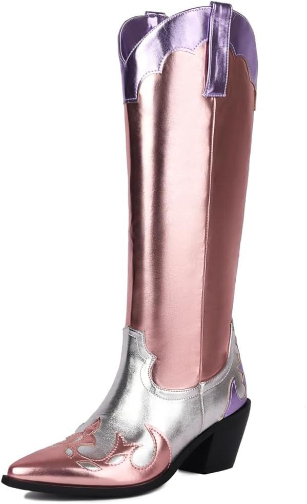 YIYA Women's Multicolor Metallic Pink and Orange Cowgirl Cowboy Knee High Boots Pointed Toe Chunky Block Heel Western Boots Vintage Pull On Tabs Mid Calf Boot