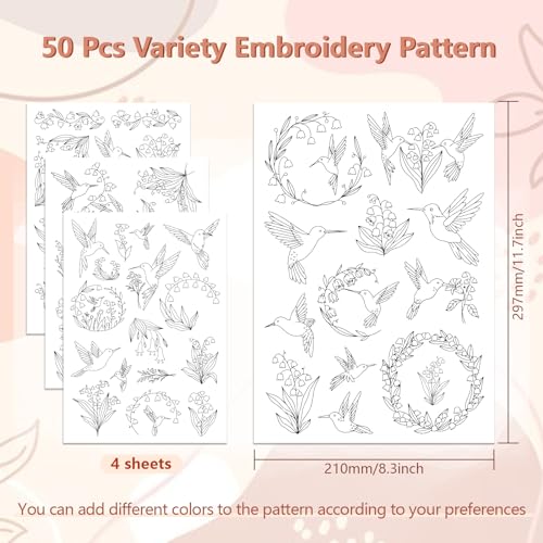peacoblue Water Soluble Embroidery Patterns for Beginners 4 Sheets Hummingbird and Flower with 50pcs Patterns - Image 2