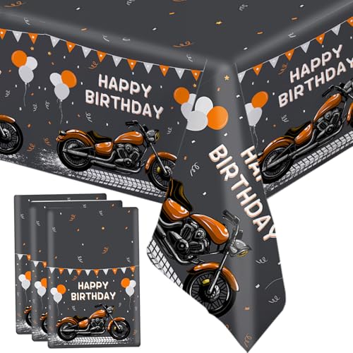 Image of MEHOFOND 3pcs Motorcycle Birthday Plastic Tablecloth, Black and Orange Motocross Racing Happy Birthday Disposable Table Cover, Extreme Sports Birthday Party Decorations, Rectangle 108 x 54 Inch