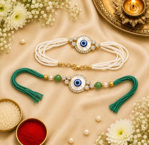 Image of CraftVatika Evil Eye Rakhi Set for Brother and Bhabhi, Premium Bhaiya Bhabhi Rakhi Gift Combo, Designer Bracelet Rakhis for Rakshabandhan, Couple Pair Raki, Fridge Magnet Gift with Card Tillak Set