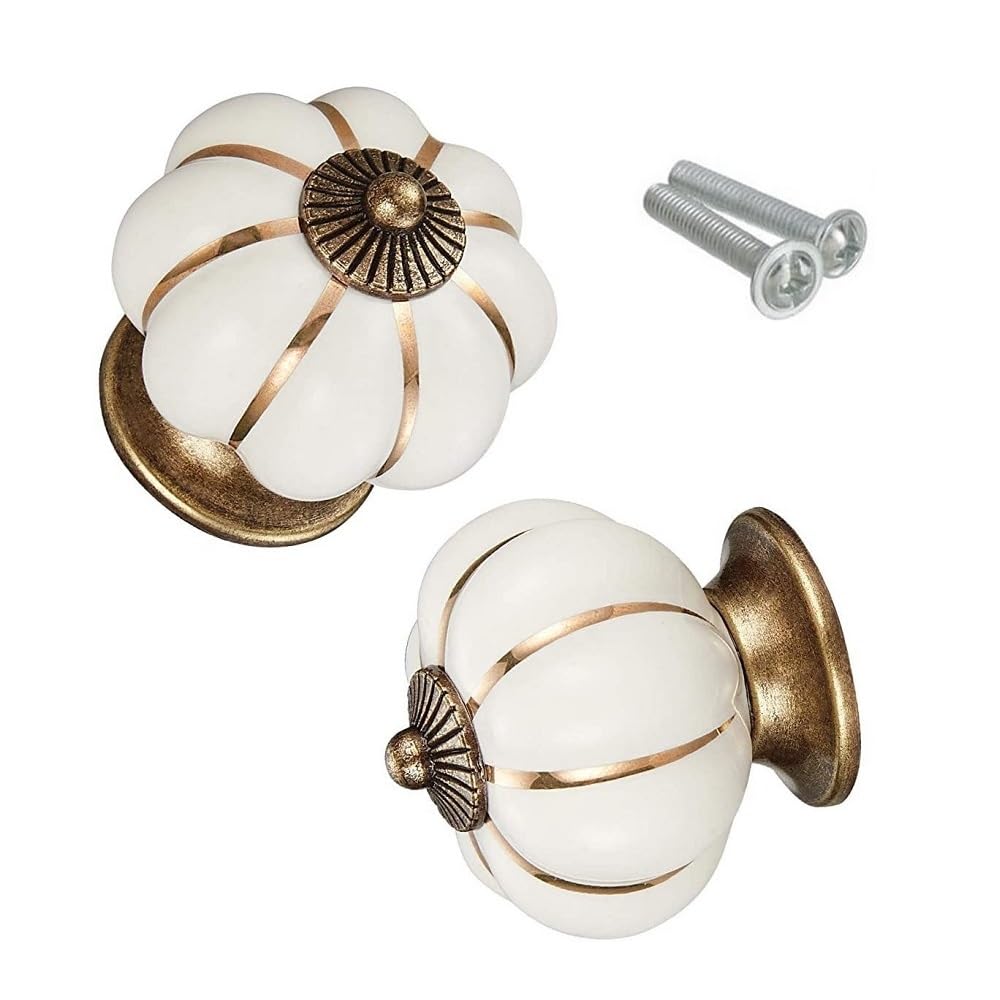 Cabinet Drawer Knob Door Handle, Pumpkin Ceramic Knobs Vintage Cupboard Knobs with Mounting Screws for Kitchen Cabinet, Drawers & Cupboard Doors- 2 Pack