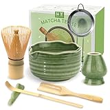 JBER Matcha Kit 7 Pièces, Matcha Set   Fouet à Matcha en Bambou, Bol à Matcha, Support pour Fouet, Cuillère et Tamis, Kit Matcha pour Cérémonie du Matcha   Matcha Vert