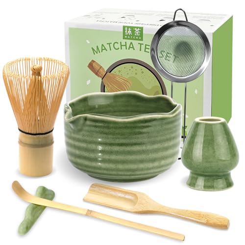 JBER Matcha Kit 7 Pièces, Matcha Set - Fouet à Matcha en Bambou, Bol à Matcha, Support pour Fouet, Cuillère et Tamis, Kit Matcha pour Cérémonie du Matcha - Matcha Vert