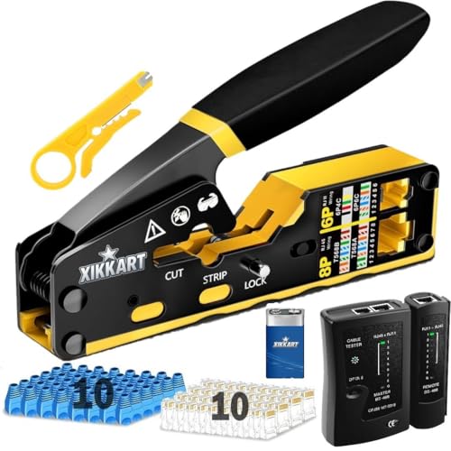 Image of XIKKART RJ45 Crimping Tool Kit with Cable Tester & 9V Battery | Pass Through Ethernet Crimper for Cat7 Cat6 Cat5e Cat5 | Network Cable Crimp Tool with 10 Cat6 Connectors & 10 Boots for LAN RJ45 RJ11