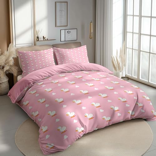 Parure de lit canard 200x200 cm avec 3 pièces en microfibre rose