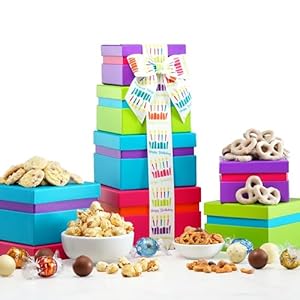 Broadway Basketeers Birthday Food Gift Basket 4 Box Tower – Snack Box, Sweet & Savory Treats for Parties, Best Wishes, Birthday Presents for Women, Men, Mom, Dad, Her, Him, Families