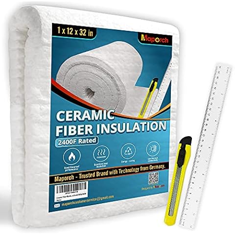 MAPORCH Kaowool Ceramic Fiber Blanket 1"x12"x32" - Fireproof Foam for Stoves, Ovens, Fireplaces & Chimneys - 2400F High Temp Resistance Heat Insulation Fire Prevention - Includes Ruler & Utility Knife Cover