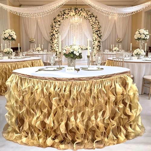 Image of Luxury Organza Mesh Table Skirt Draping Floating Romance - Perfect for Bridal Showers, Birthday Weddings - Clear Flowing Decoration for a Wonderful Main Cake Table (Gold-6ft, 72 inch Lx30 inch H)
